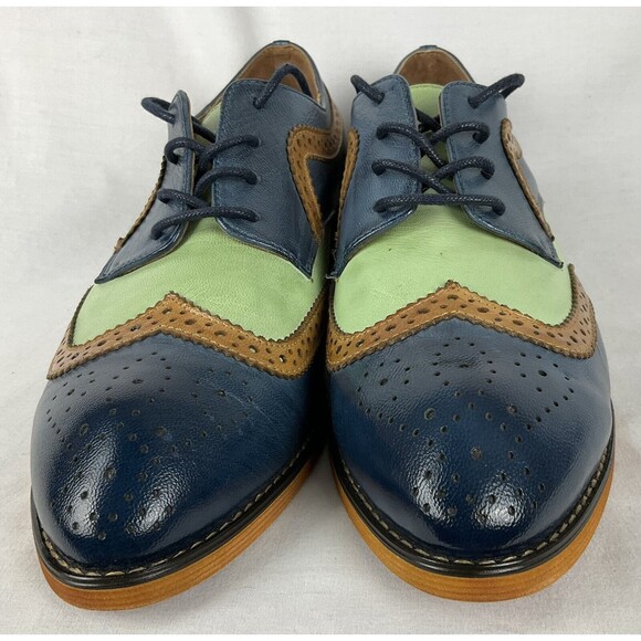MONA FLYING 10.5 EU 43 Blue Green Leather Lace-up Oxfords Wingtip Derby Shoe - Picture 3 of 11